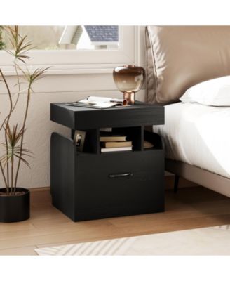 2-Piece Nightstand with Charging Station Drawer Sliding Top Storage Tray Open Shelves