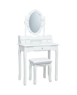 Oval Mirror Vanity Set with 10 LED Dimmable Bulbs, 3 Drawers and Stool
