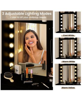 Compact Vanity Desk Set with 3-Color Lighted Mirror, Power Outlets and Stool