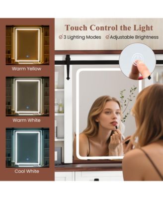 Farmhouse Vanity Desk with Barn-Style Sliding Mirror and 3 Lighting Modes