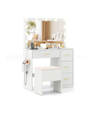 Vanity Desk with LED Lighted Mirror, 4 Drawers and Power Outlets