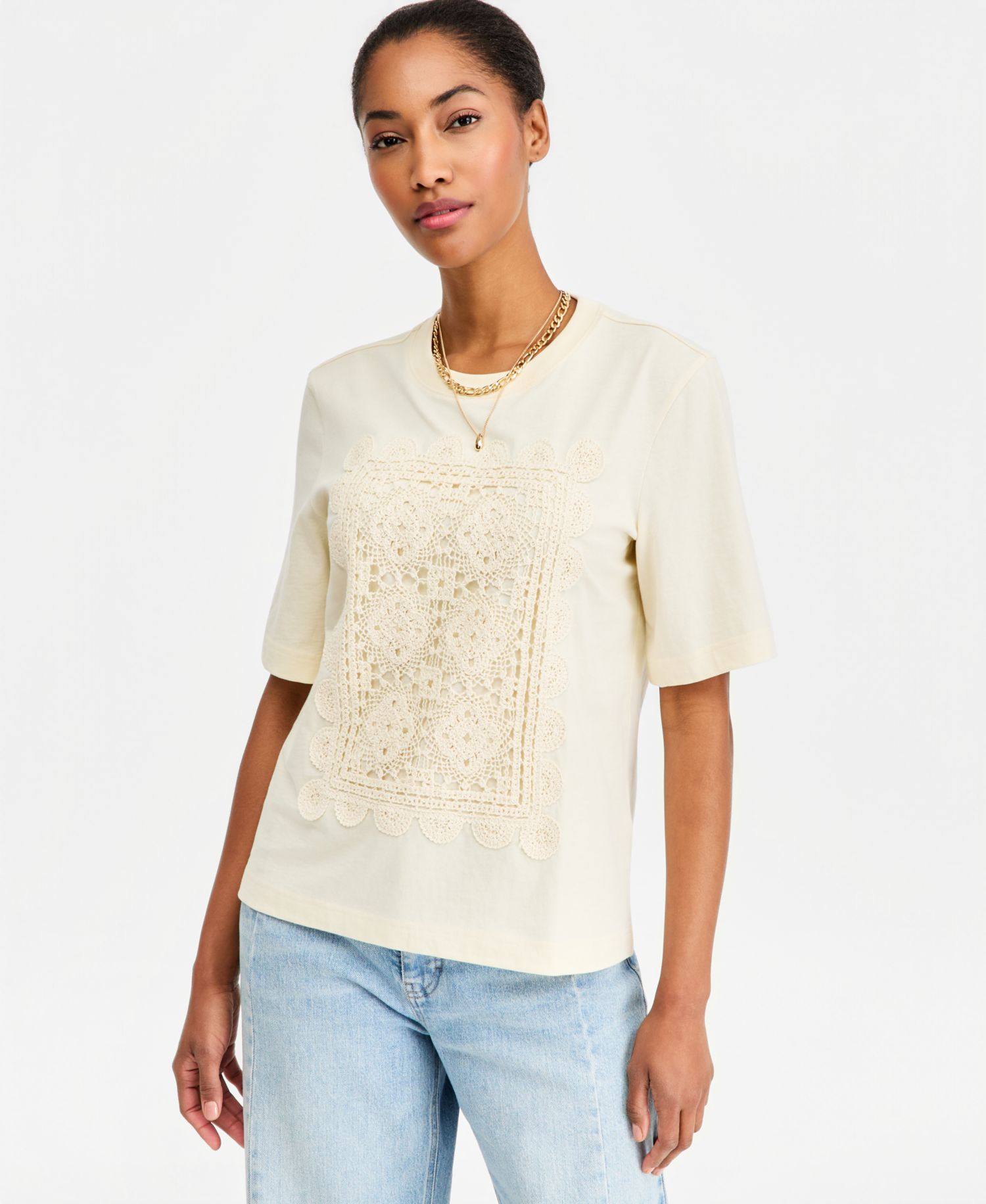 Women's Oversized Crochet Patch Cotton Jersey T-Shirt