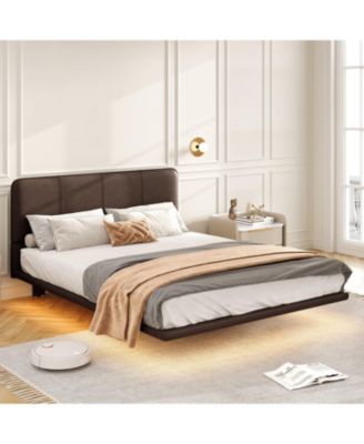 Floating Bed Frame with LED Light, Modern PU Leather Platform Bed, No Boxing Spring Needed