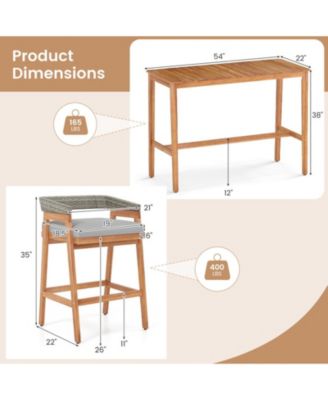 54 x 22 in Acacia Wood Counter Height Patio Bar Set with PE Rattan Barstools and Cushions