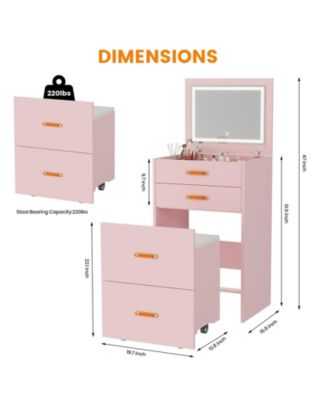 3-in-1 Compact Vanity Desk with Mirror and Adjustable LED Lights, Dressing Table Set with Storage and Rolling Chair, For Girls' Bedrooms