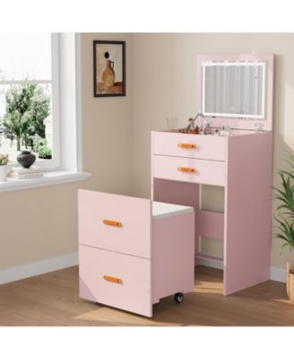 3-in-1 Compact Vanity Desk with Mirror and Adjustable LED Lights, Dressing Table Set with Storage and Rolling Chair, For Girls' Bedrooms
