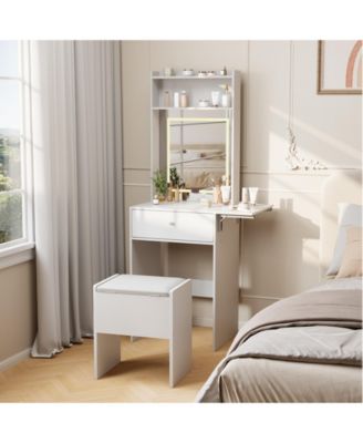 Makeup Vanity Desk with Smart LED Mirror and Power Station, Small Vanity Desk with with Fold-up Panel, Storage Chair and Open Shelves