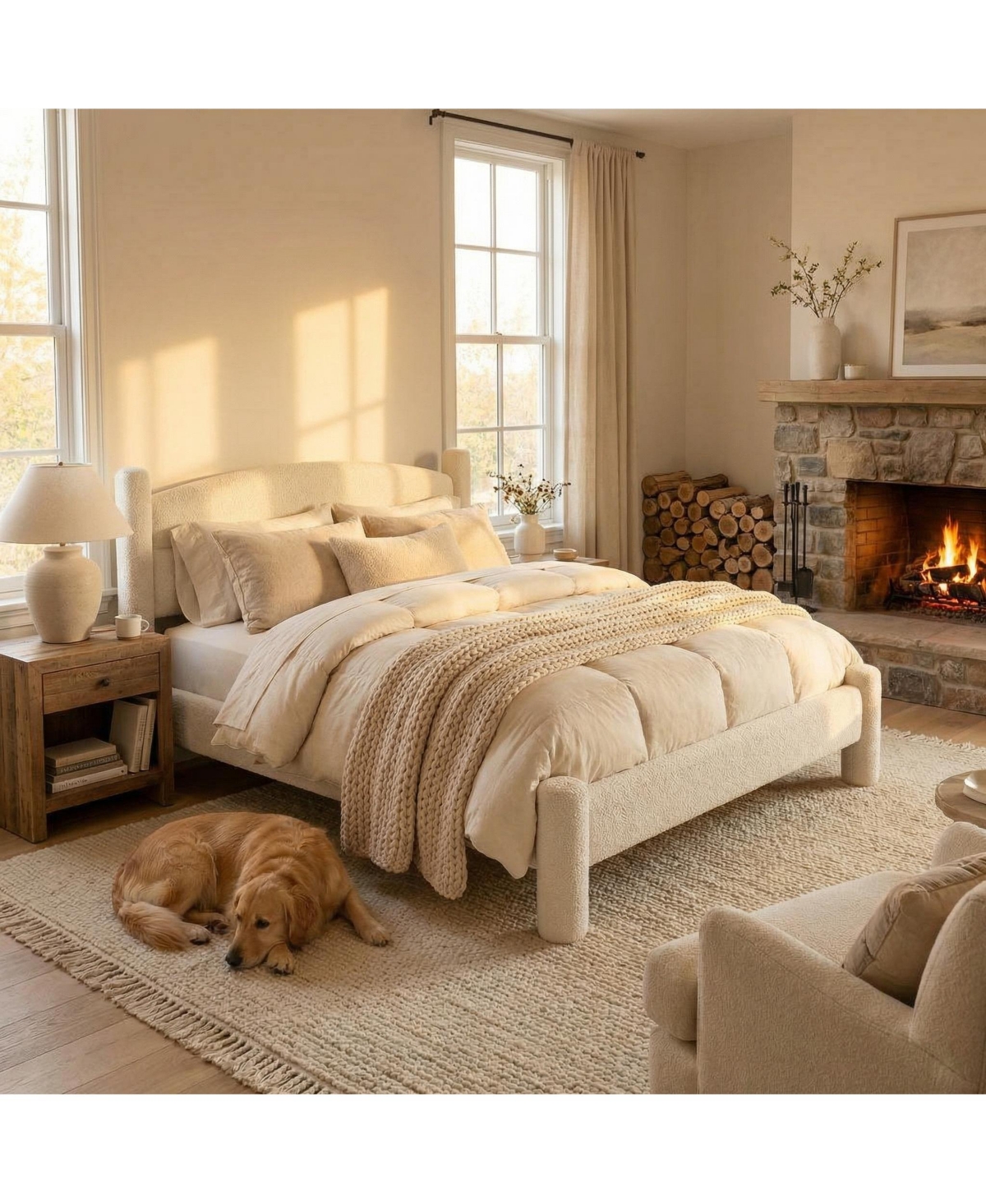 Homfan Boucle Bed Frame, Upholstered Platform Cloud Bed with Soft Round Headboard, Heavy Duty and Noise Free, No Box Spring Needed