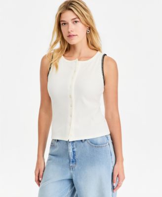 Women's Sleeveless Rib-Knit Whipstitch Button Front Top