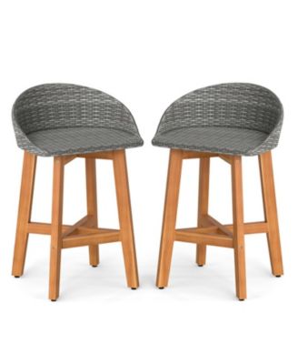 Acacia Wood and PE Rattan Outdoor Bar Height Chairs Set of 2 with Footrests