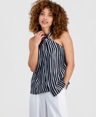 Petite Striped Halter-Neck Sleeveless Top