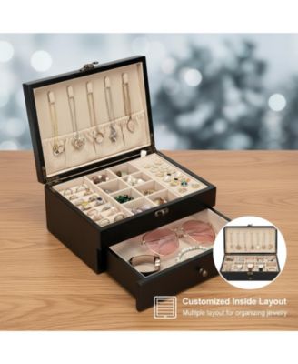 Rustic Wooden Jewelry Organizer Box for Women Farmhouse Style Solid Wood Linen Lined Multifunctional Holder