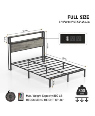 Full Size Bed Frame with Headboard, RGB LED Light and Charging Station
