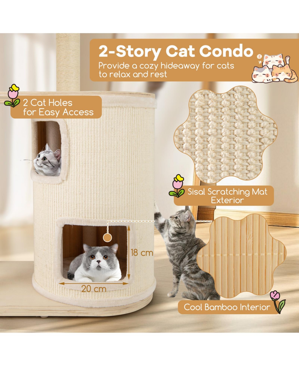 Cozito Cat Tree with 2-Story Condo and Sisal Scratch Posts