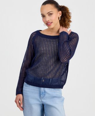 Petite Open-Knit Boat-Neck Sweater