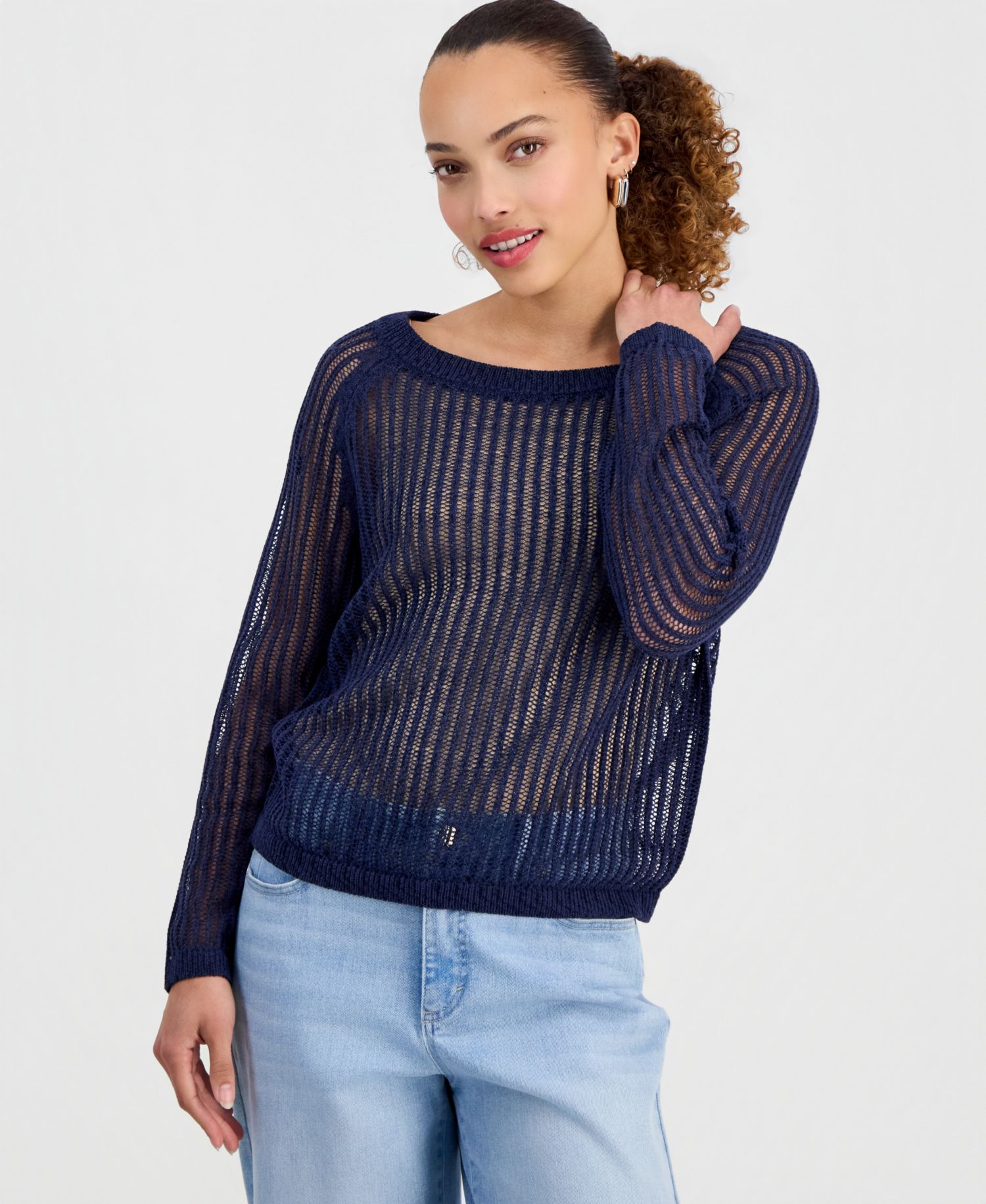 Petite Open-Knit Boat-Neck Sweater
