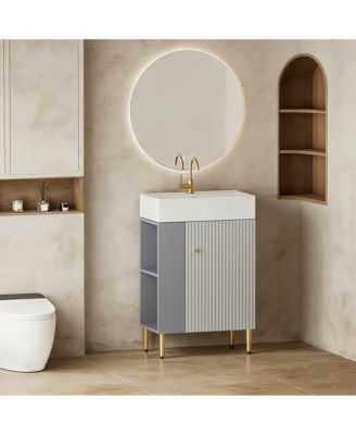 21.6 Inch Open Shelving Bathroom Vanity with Ceramic Sink Soft Close Door Cloakroom Storage Cabinet Left Side Grey Finish Assembly Required