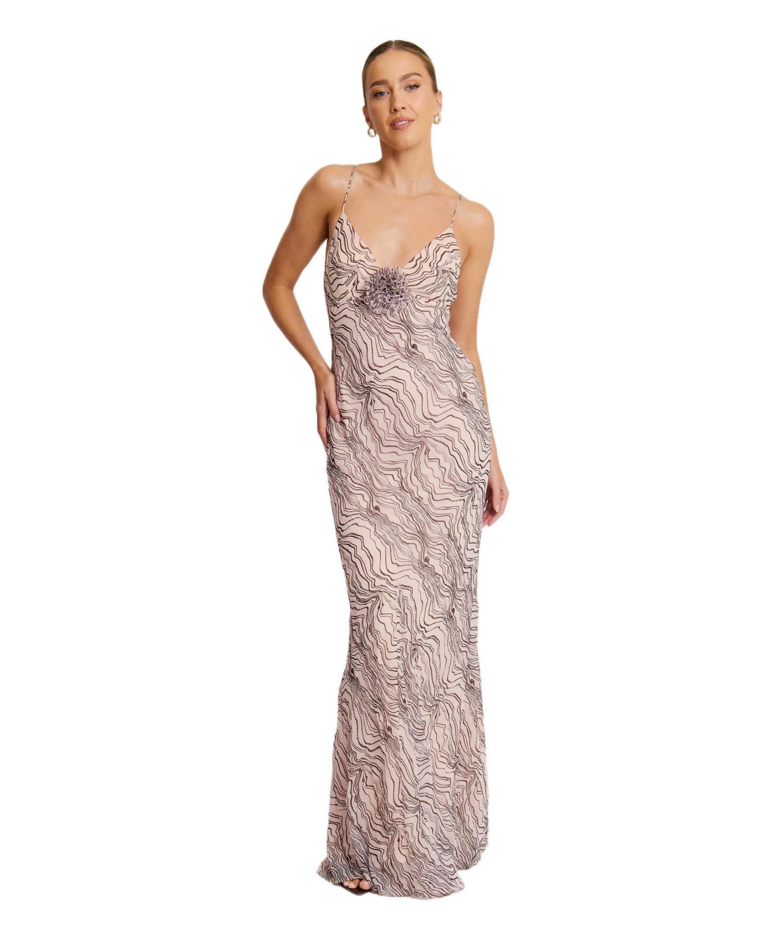 Women's Strappy Coursage Beaded Maxi Dress