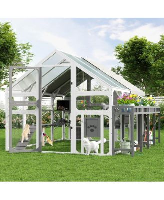 Large Outdoor Cat House with Planter Stand, Multi-Level Catio and Waterproof Roof