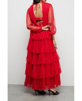 Women's Ruffle Neck Tulle Maxi Dress