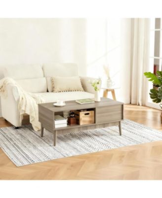 39.4" Mid Century Modern Coffee Table with Storage, 2-Tier Fluted Rectangle Center Table with Drawer, Open Shelf and Wood Legs for Living Room