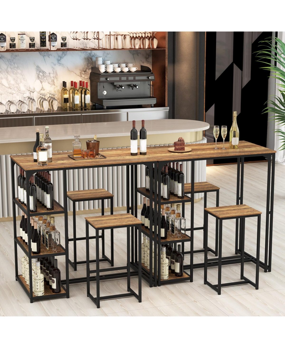Gouun 3-Piece Bar Height Table Set with Storage Shelves and 2 Stools