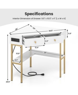 Triangular Corner Desk with Charging Station, 2 Drawers and Bottom Storage Shelf
