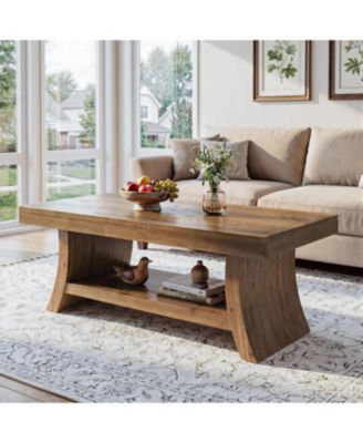 Farmhouse Coffee Table with Storage Shelf, 47.2" Mid Century Modern Solid Wood Coffee Tables with Curved Base