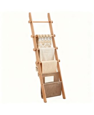 Blanket Ladder 5-Tier Wooden Shelf Farmhouse Rack Leather Bag