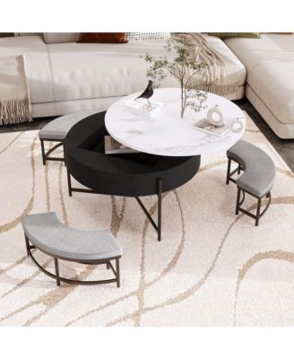 Modern Round Lift-Top Coffee Table with Hidden Storage and 3 Ottoman, Nesting Center Table Set for Living Room and Office