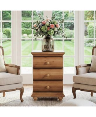 Solid Wood End Table Set of 2, 3 Drawers Narrow Sofa Side Table with Finished Back, Rustic Slim Nightstand Bedside Table