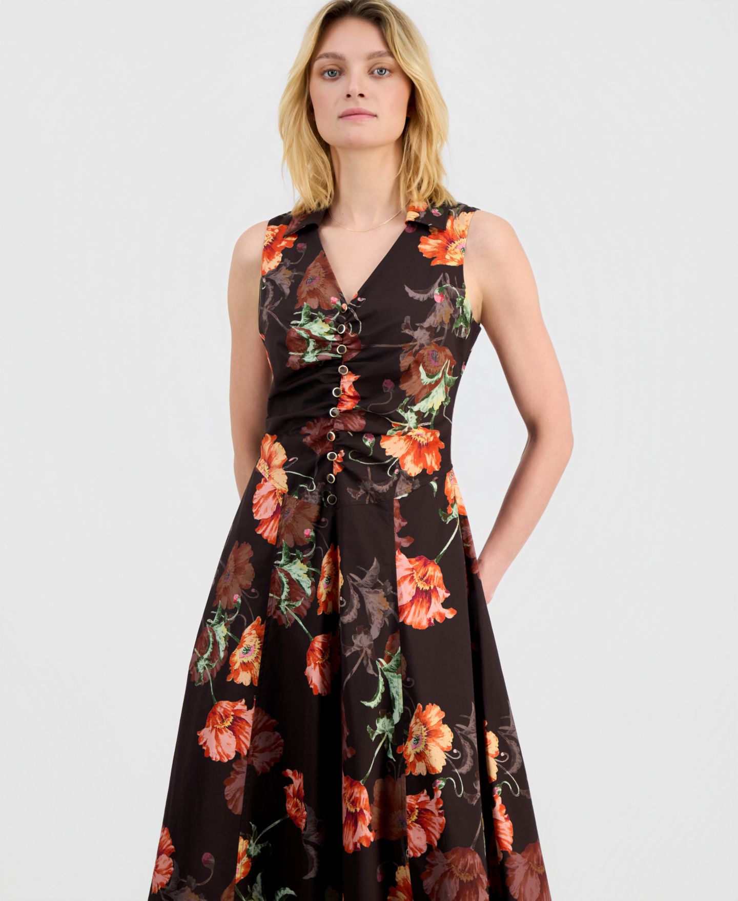Женское платье Tahari ASL Ruched-Front Sleeveless Dress, цвет: Тёмно-коричневый с принтом — фото 3