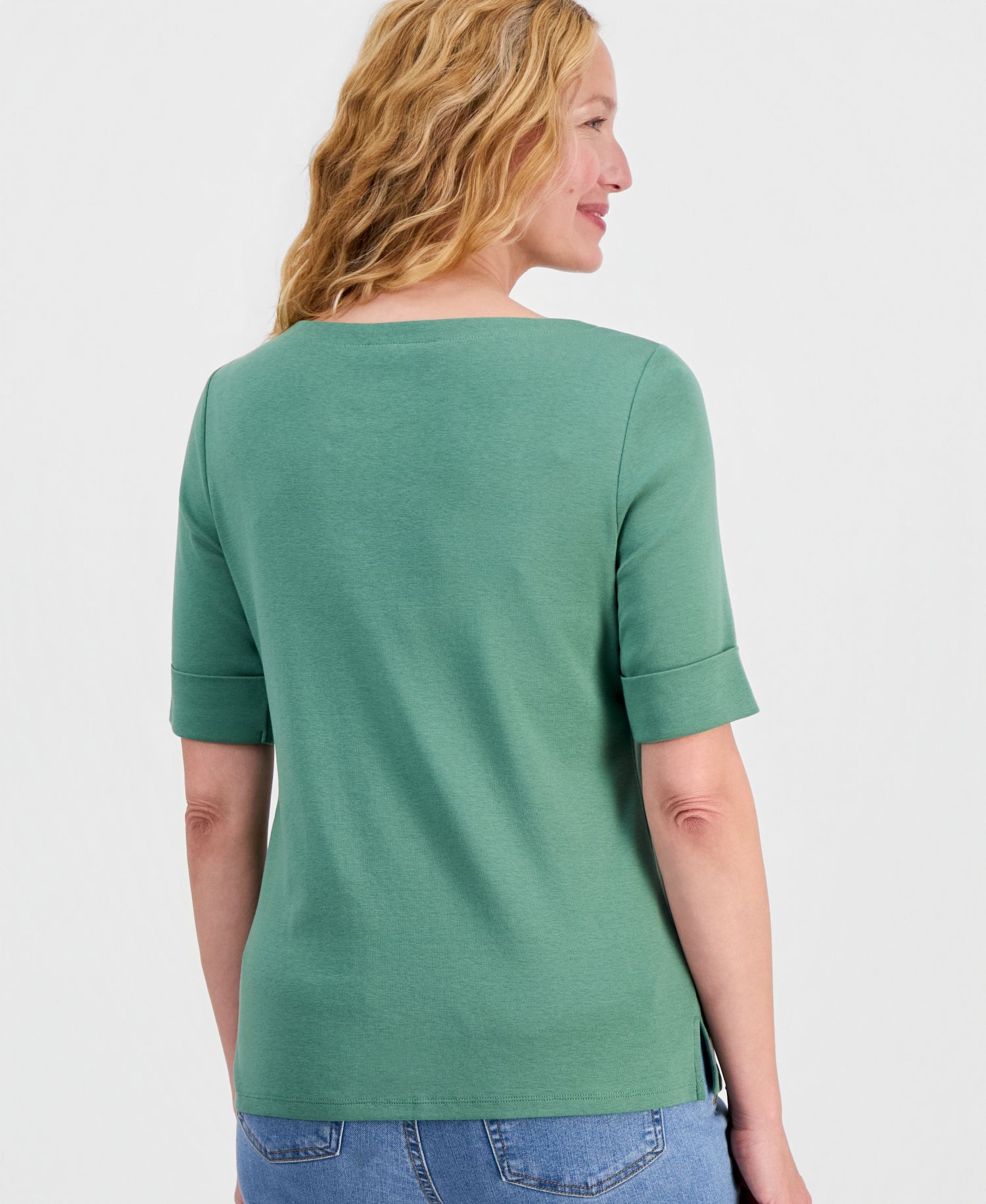 Petite Cotton Elbow-Sleeve Boat-Neck Top