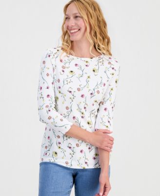 Women's Printed Pima Cotton 3/4 Sleeve Boat-Neck Top