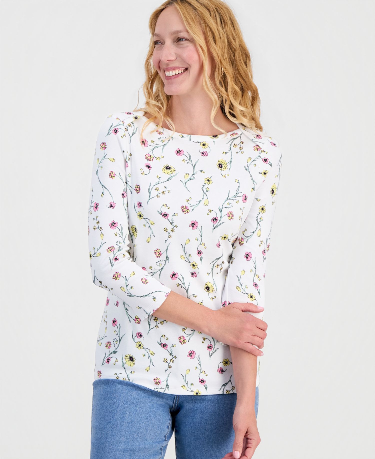 Women's Printed Pima Cotton 3/4 Sleeve Boat-Neck Top