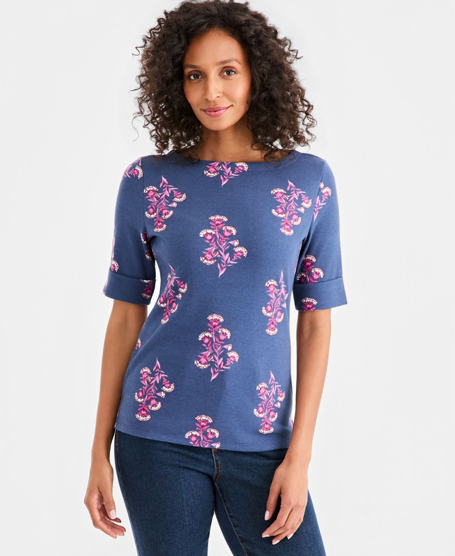 Petite Printed Boat Neck Short-Sleeve Top