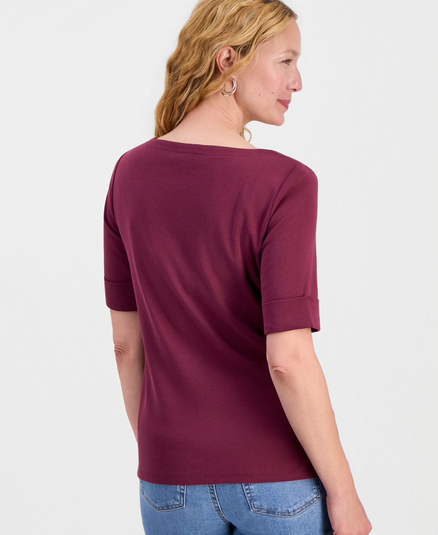 Petite Cotton Elbow-Sleeve Boat-Neck Top
