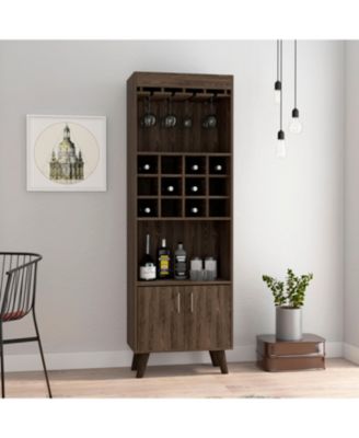 Dark Walnut Bar Cabinet with 12 Built-in ack, Double Door and 9-Glass Stemware Rack