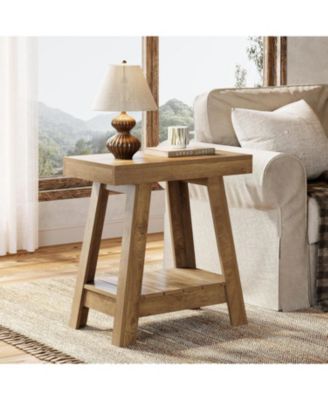 2-Tier Wooden End Table, Farmhouse Style, Rustic Grey, Small Sofa Side Table with Storage, Slim Nightstand