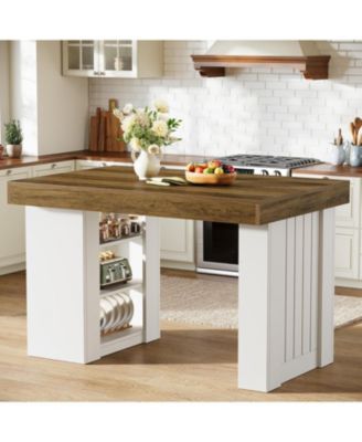 Kitchen Island with Storage, 55-Inch Farmhouse Stationary Island Table with Large Countertop, Counter Height Home Bar Table
