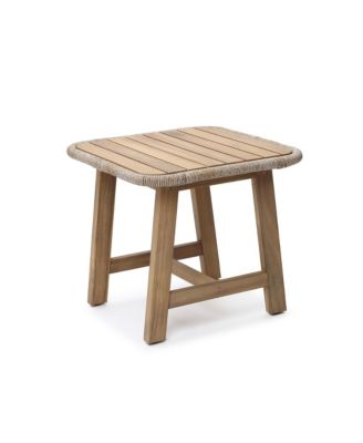  Outdoor Side Table, Acacia Wood Patio End Table with Woven Wicker Trim, Small Outdoor Accent Tables for Patio, Balcony, Garden