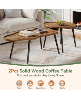 Nesting Coffee Table Set of 2, Solid Wood Coffee Tables with Cloud Tabletop