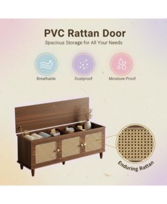 Shoe Bench Lift Top Storage 2-Tier Rattan Doors 55" Large Cabinet Seat Hallway Living Room