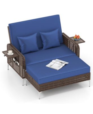 2 Piece Patio Rattan Daybed Wicker Loveseat and Ottoman with Adjustable Backrest