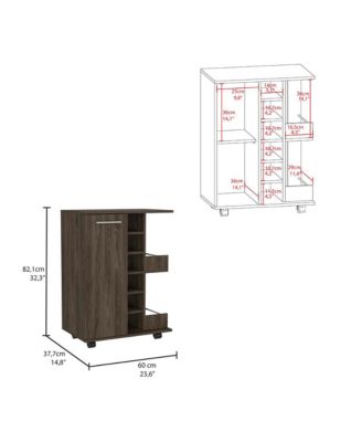 Dark Bar Cart with 4 Casters, Cabinet and 6 Bottle Cubbies