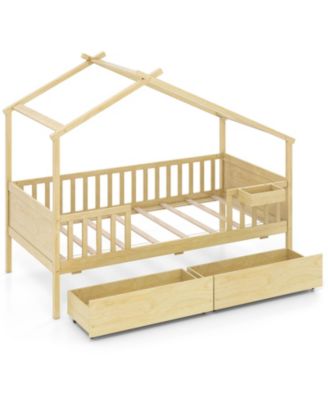 House Bed with Storage Drawers Roof and Guardrails