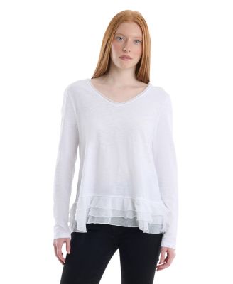 Women's V-Neck Mixed Media Long Sleeve Tee