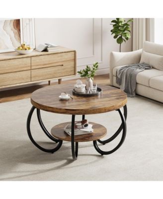 Modern Industrial 30" Round Coffee Table - 2-Tier Wood and Metal Table with Open Shelf, Adjustable Feet, Living Room Furniture