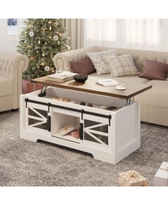  47 Inch Farmhouse Lift Top Coffee Table with Sliding Barn Doors, Spacious Hidden Storage, Rectangle Entryway Cabinet