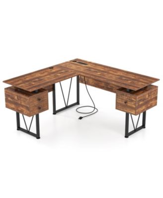 L-Shaped Desk with Power Outlets and 3 Drawers